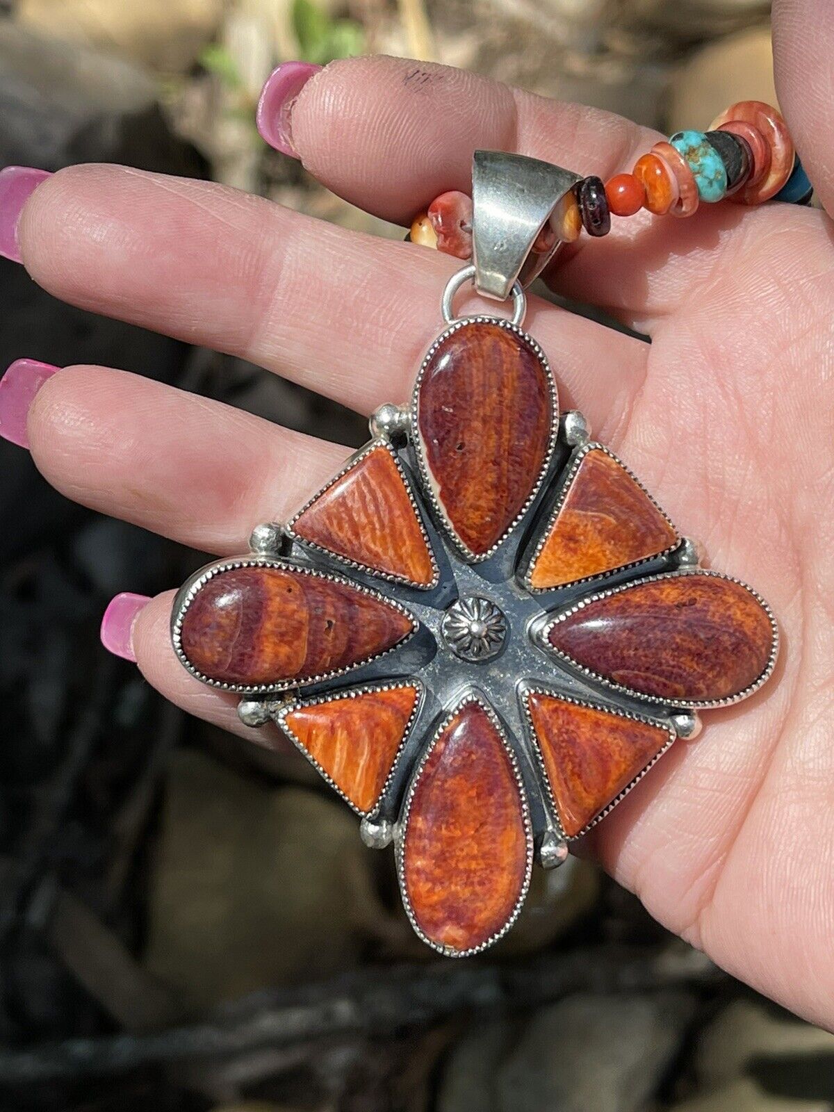 Handcrafted Sterling Silver Orange Spiny  Jumbo Cluster Pendant