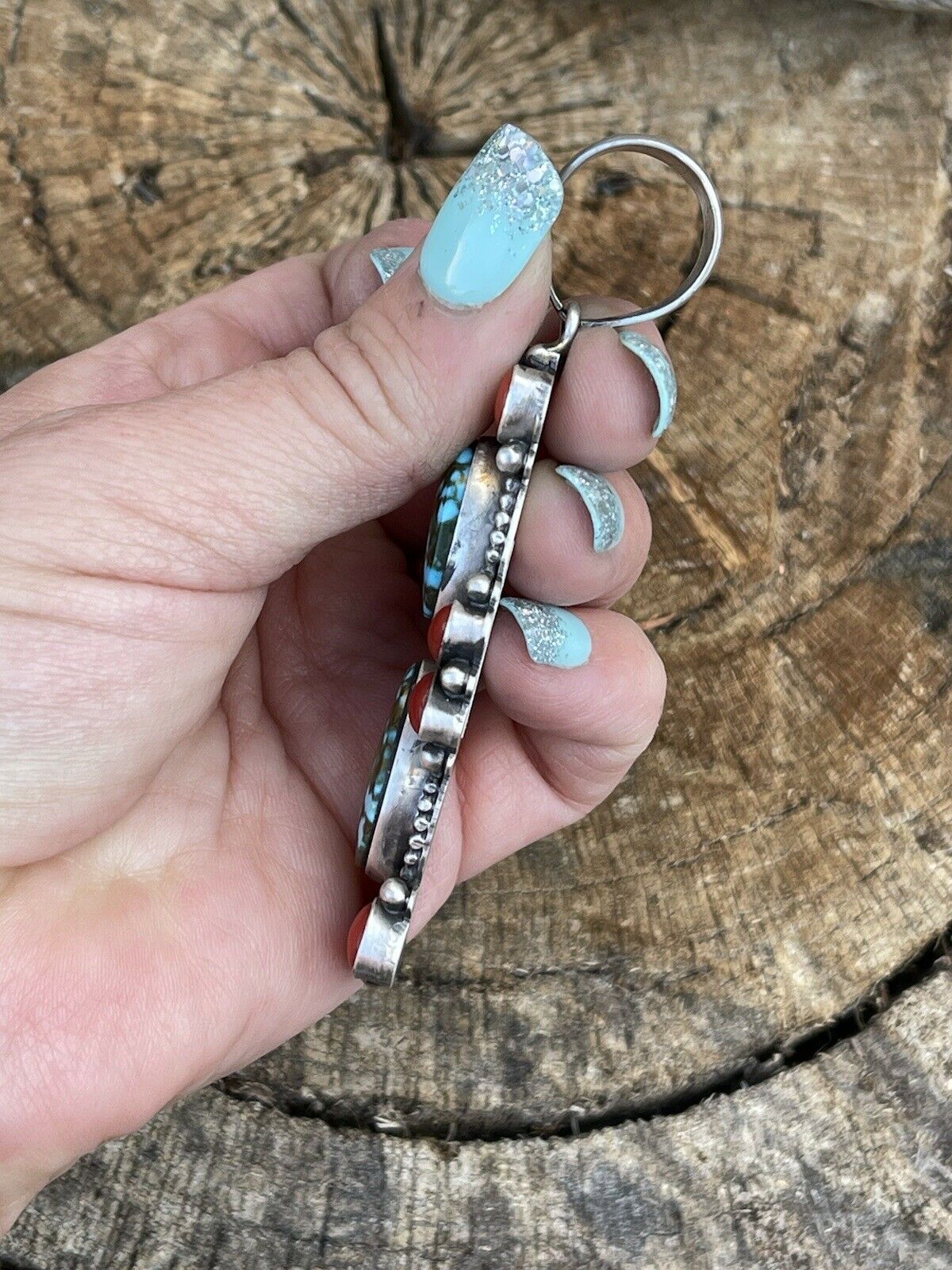 Handcrafted Sterling Kingman Web Turquoise & Red Coral Taos Pendant Bea Tom