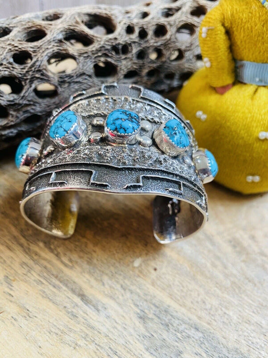 Handcrafted Kingman Turquoise & Hand Stamped Sterling Silver Cuff Bracelet
