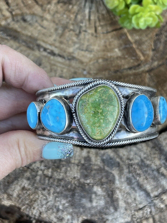 Handcrafted Sterling Sonoran Gold & Golden Hills Turquoise Cuff Bracelet Signed /