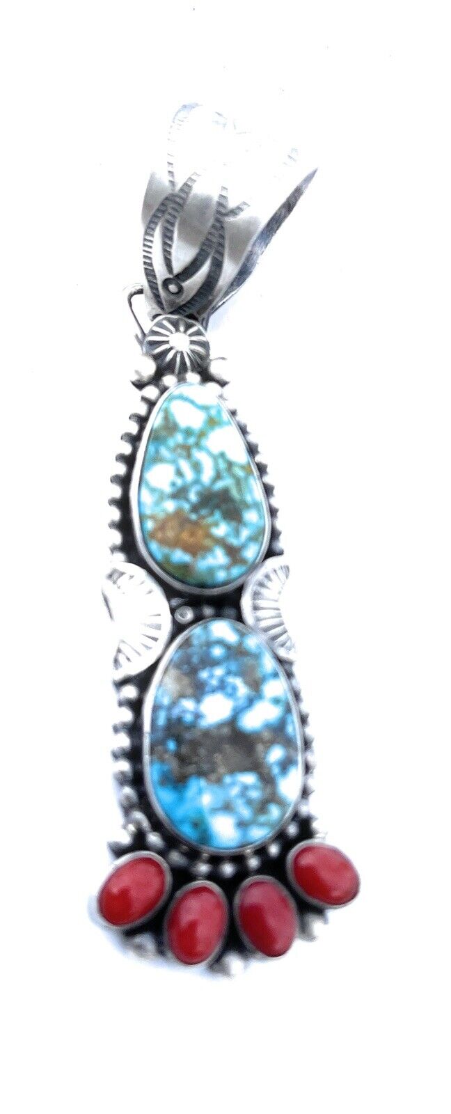 Handcrafted Sterling Kingman Web Turquoise & Red Coral Taos Pendant Danny Clark