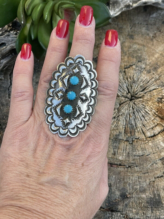 Handcrafted 3 Stone Turquoise & Sterling Silver Concho Ring Adjustable Signed L.Tahe