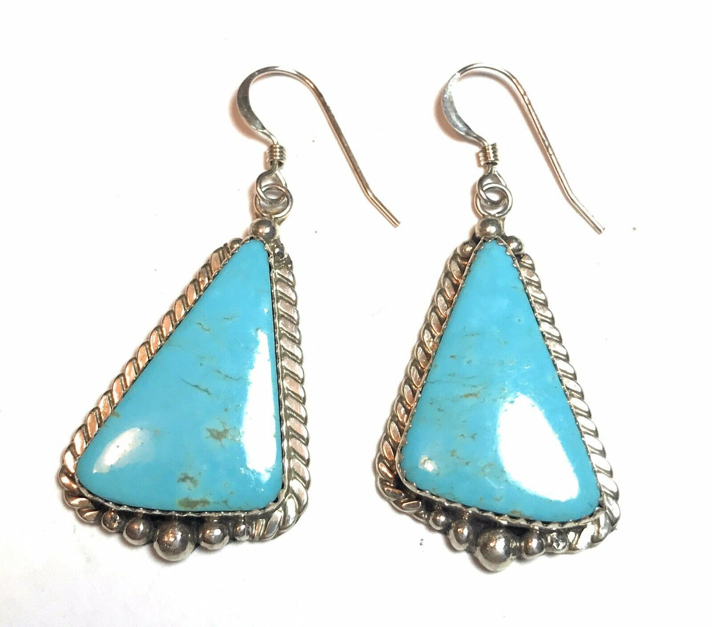 Navajo Sterling Silver Turquoise Stone Dangle Earrings Signed