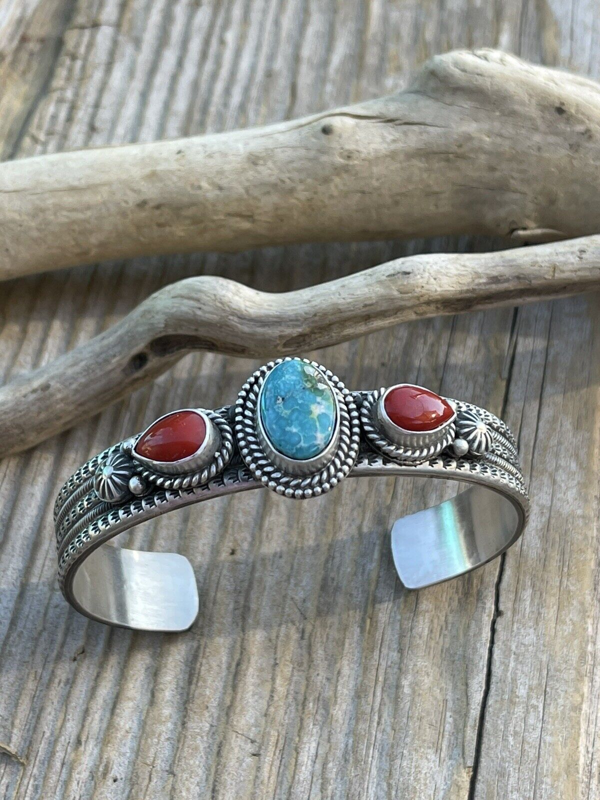 Navajo Sterling Silver Red Coral & Turquoise Bracelet Signed M & R Calladitto