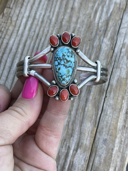 Handcrafted Sterling Kingman Web Turquoise & Red Coral Taos Bracelet Cuff by Bobby Johnson /