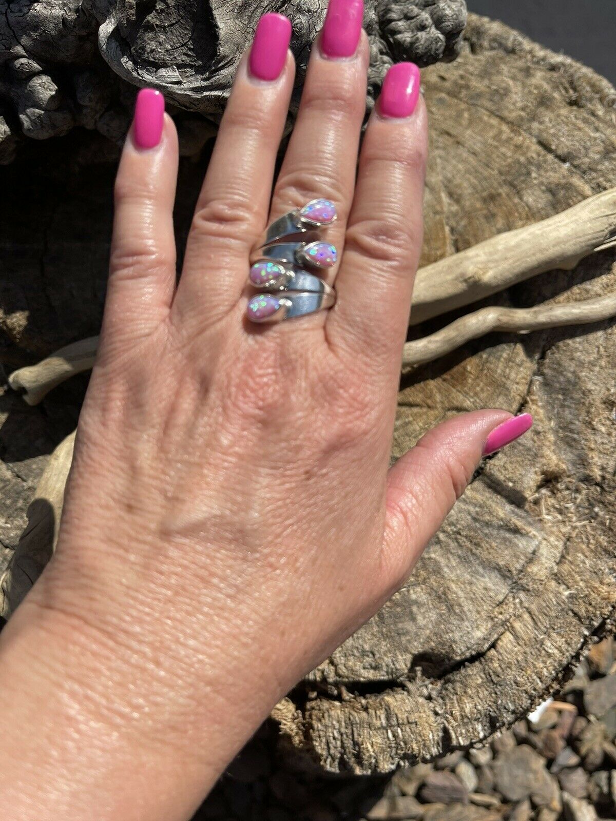 Handcrafted Sterling Silver Pink/ Purple Opal Adjustable 4 Stone Ring