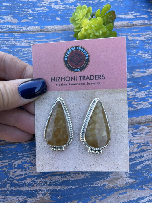 Handcrafted Fossilized Coral & Sterling Silver Post Earrings Signed