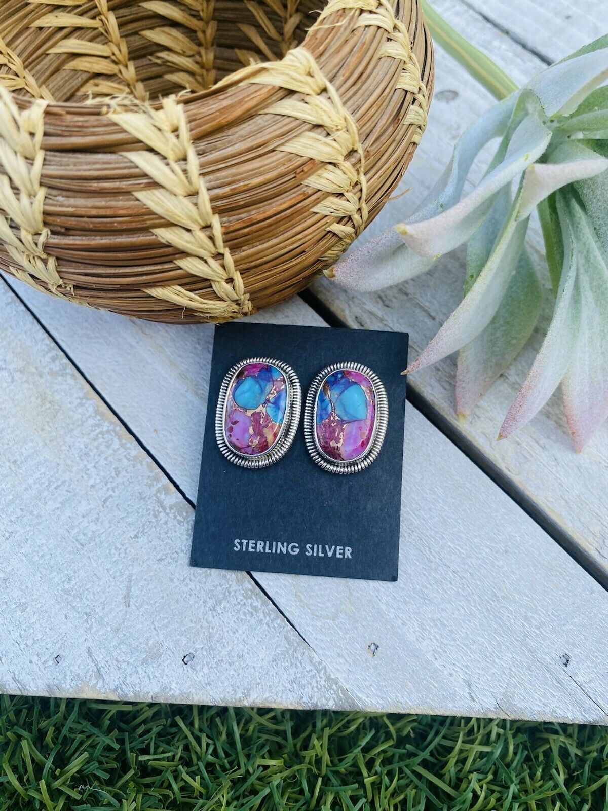 Navajo Pink Dream Mohave & Sterling Silver Post Earrings By Wydell Billie