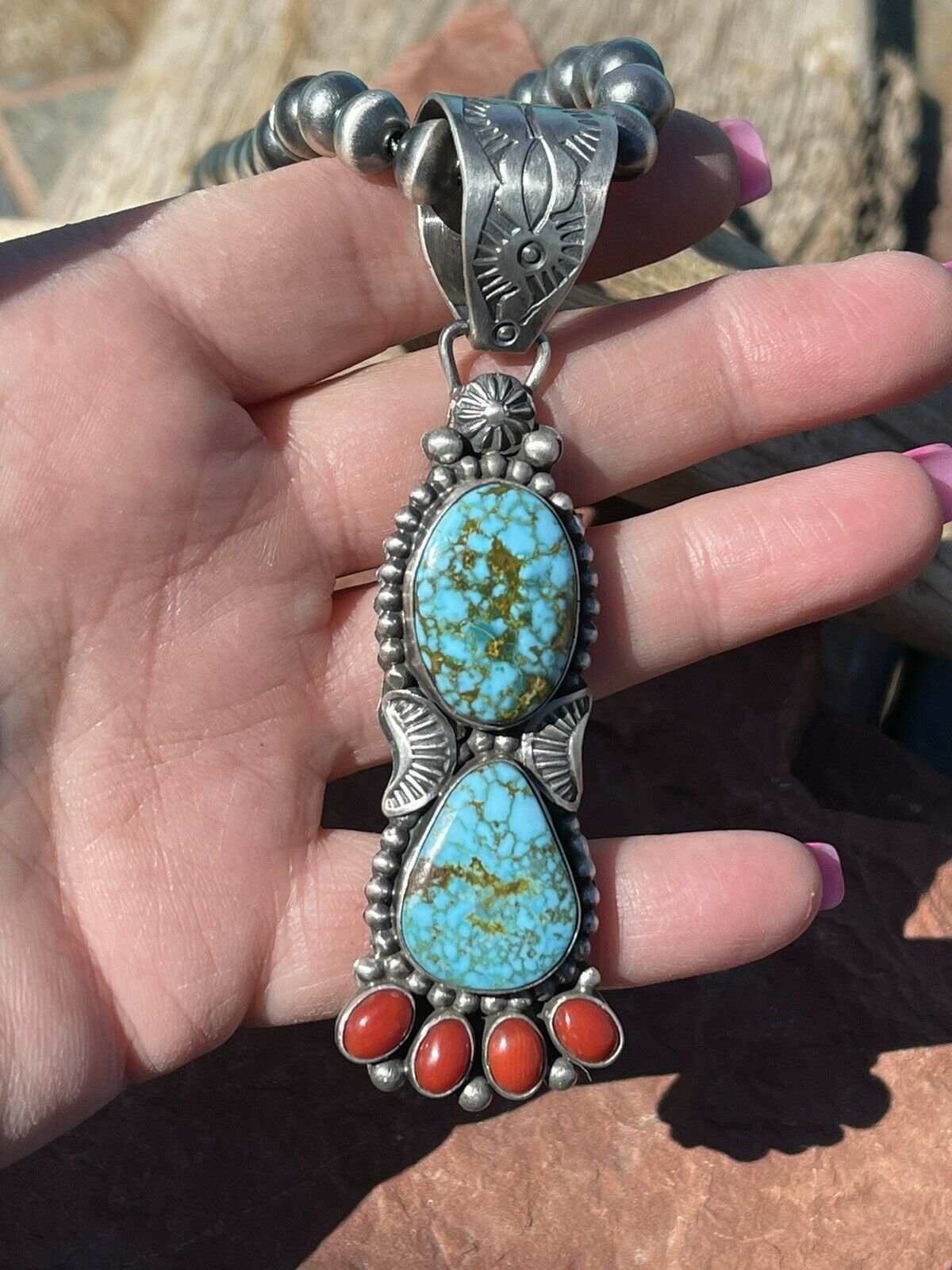 Navajo Sterling Kingman Web Turquoise & Red Coral Taos Pendant Danny Clark