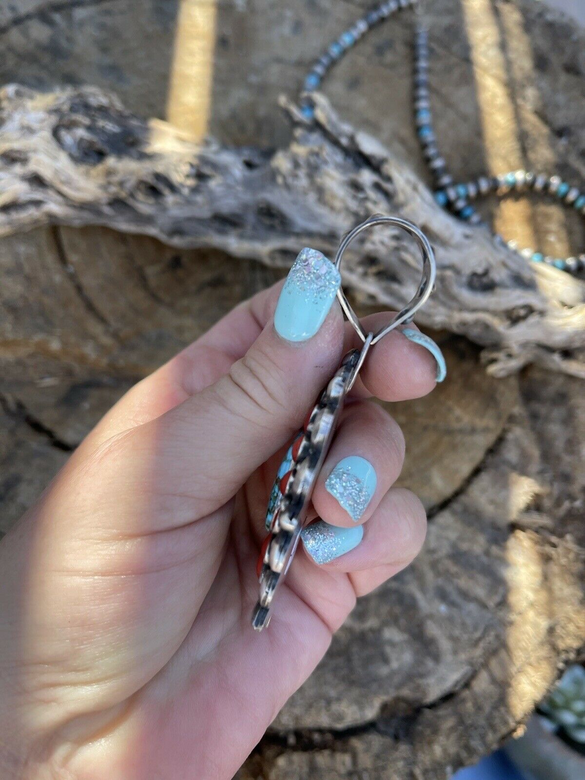 Handcrafted Sterling Kingman Web Turquoise & Red Coral Taos Ornate Pendant D. Clark