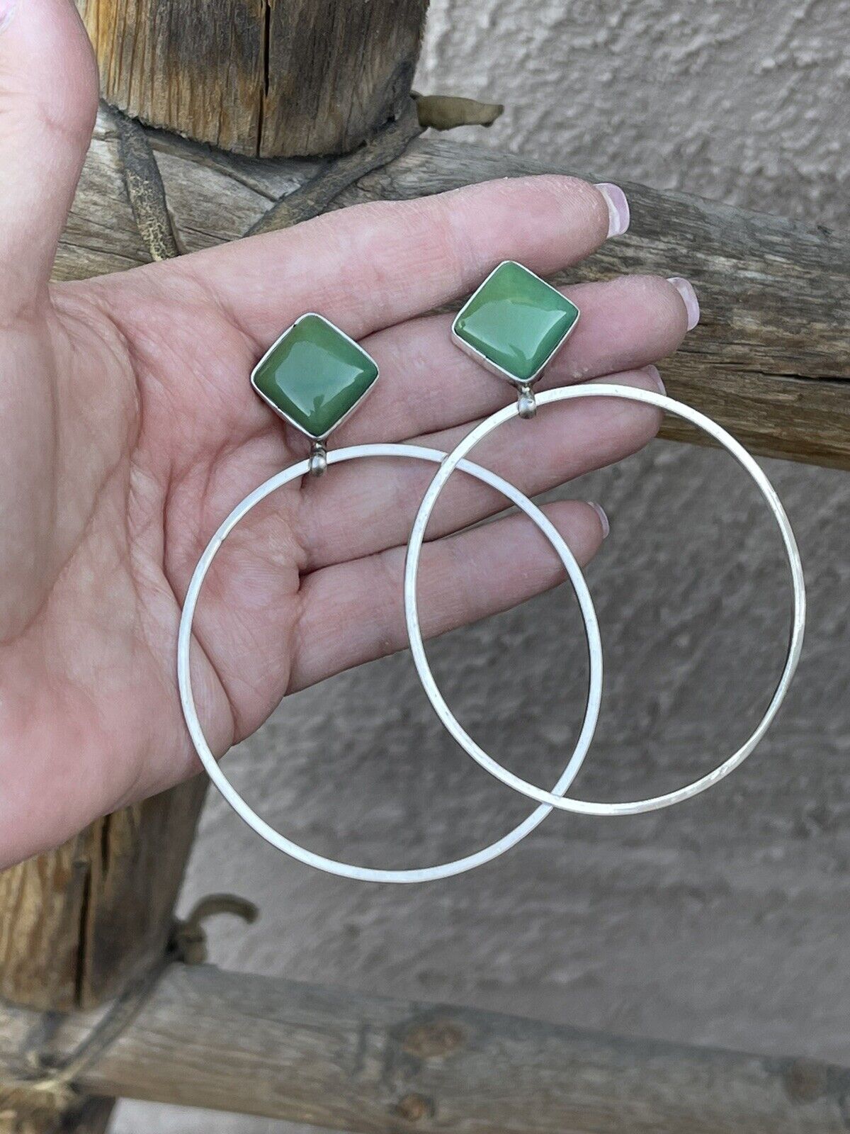 Navajo Tibetan Turquoise & Sterling Silver Dangle Hoop Earrings