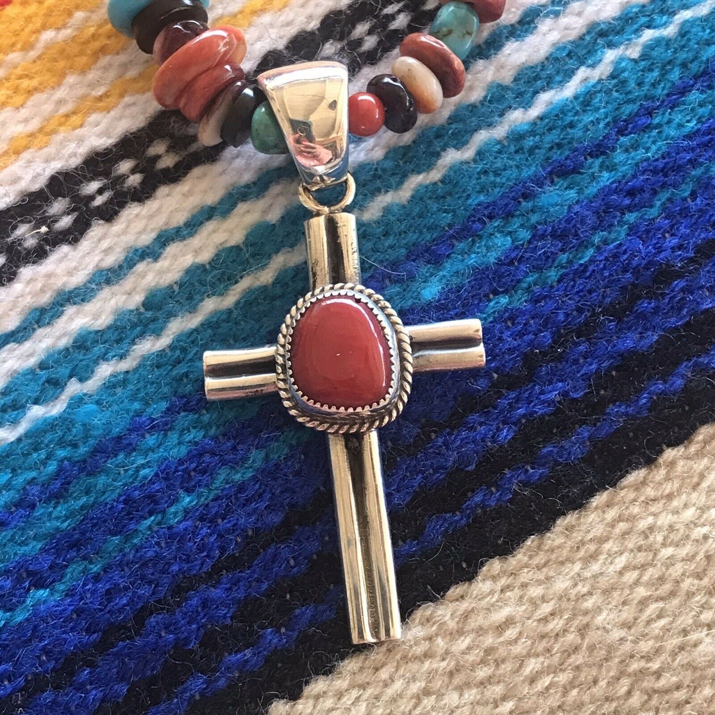 Navajo Sterling Silver Natural Red Coral Statement Cross Pendant Signed