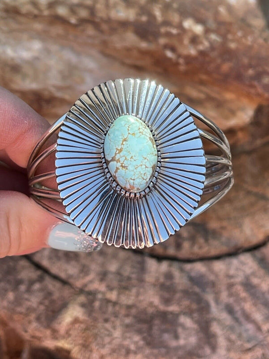 Handcrafted Handmade Sterling Silver & Number 8 Turquoise Signed Lined Cuff Signed