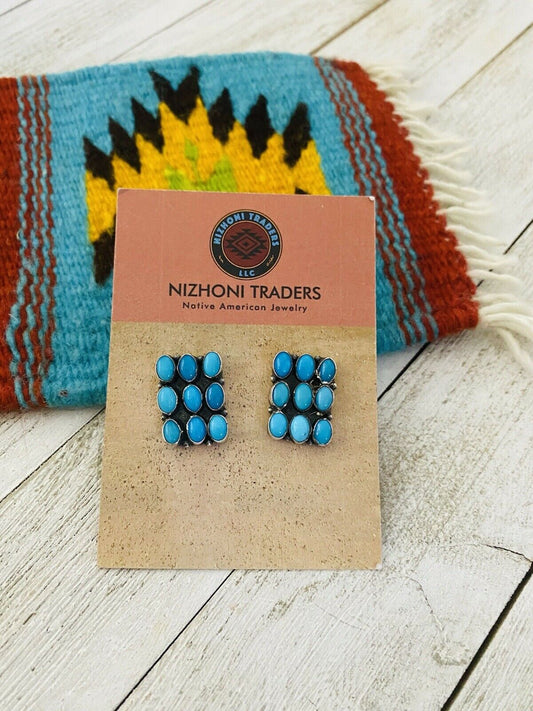 Handcrafted Turquoise & Sterling Silver Cluster Stud Earrings Signed