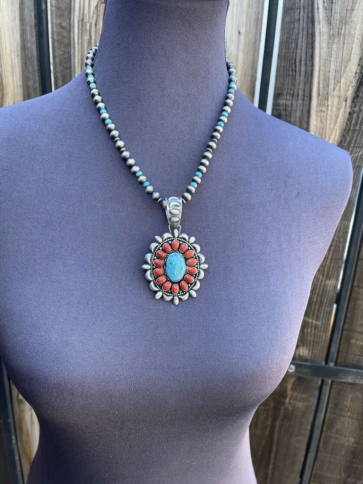 Handcrafted Kingman Web Turquoise & Red Coral Taos Ornate Pendant D. Clark