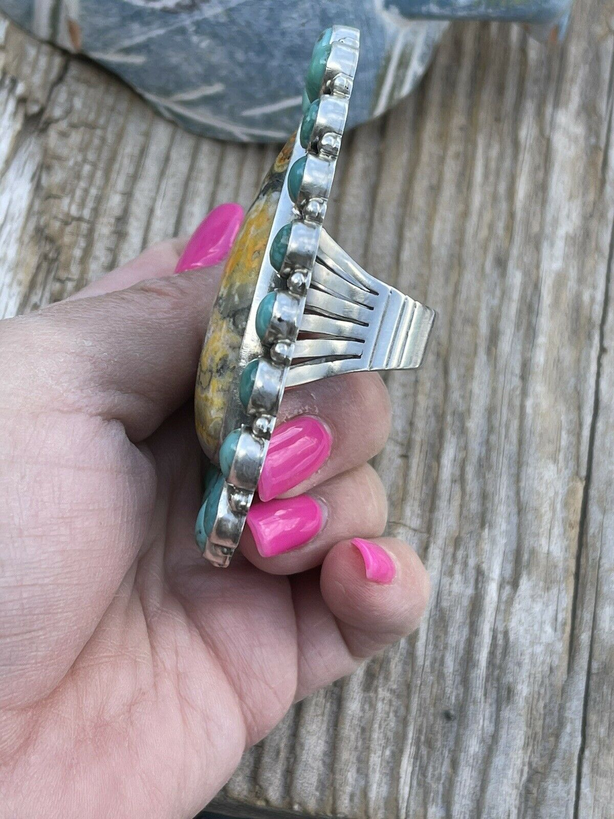 Handcrafted Sterling Bumblebee and Turquoise Stone Ring Sz 9.5