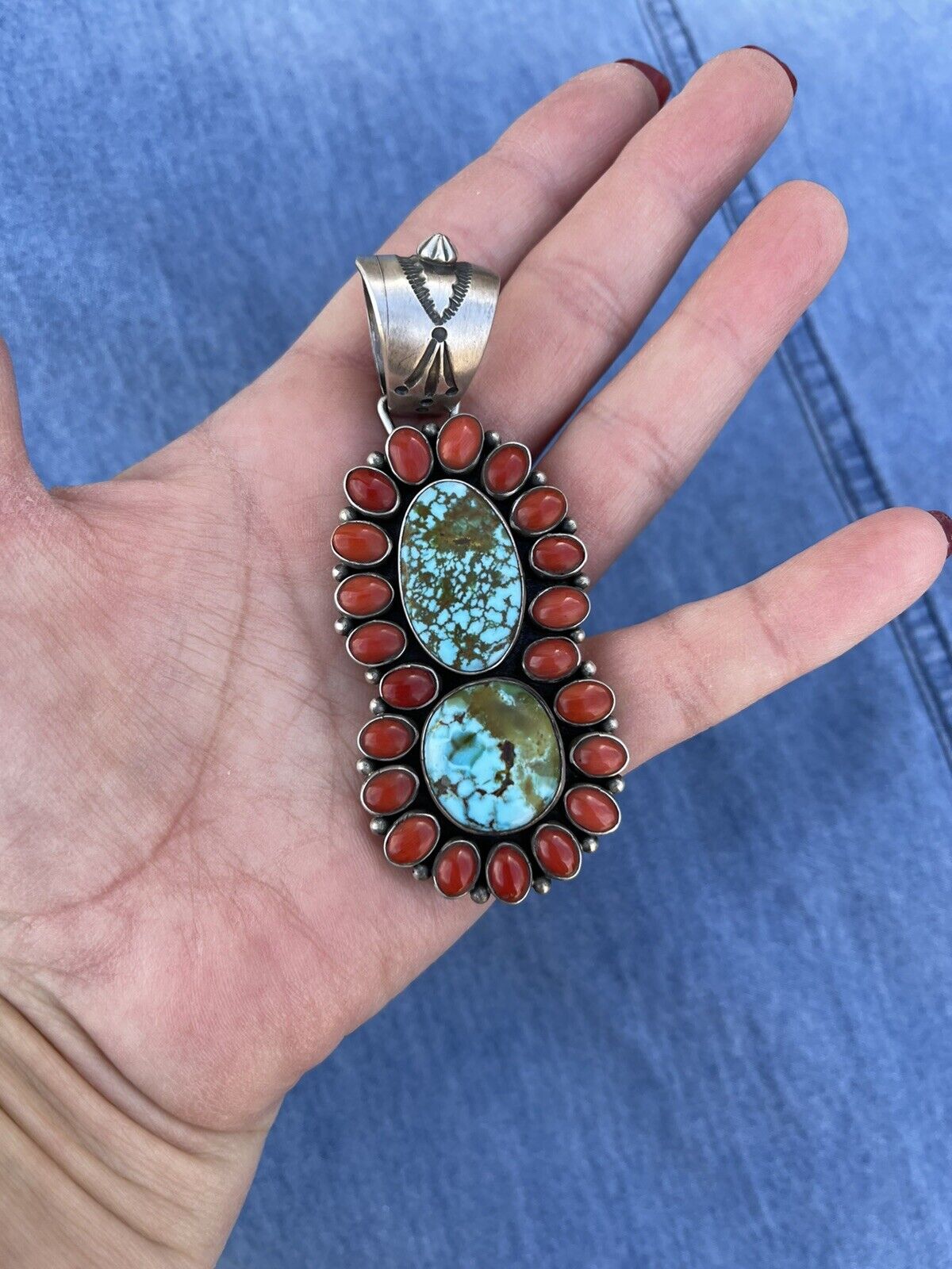 Handcrafted Sterling 2 Stone Kingman Web Turquoise & Red Coral Taos Pendant