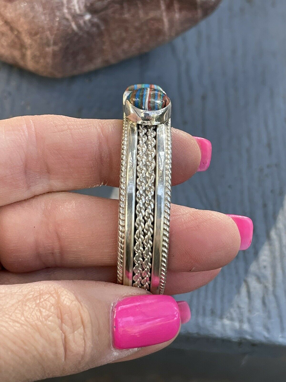Unique Handcrafted Sterling Silver & Rainbow Stone Elegant Cuff Bracelet