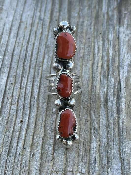 Handcrafted Sterling Silver Natural Coral Three Stone RIng Sz 5.5