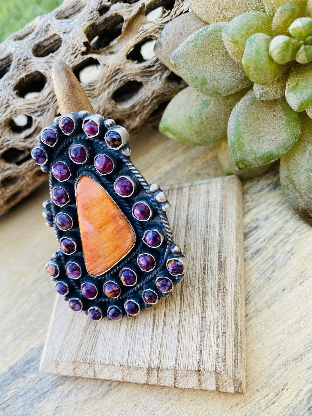 Handcrafted Sterling Silver & Purple & Orange Spiny Cluster Ring Size 7.5