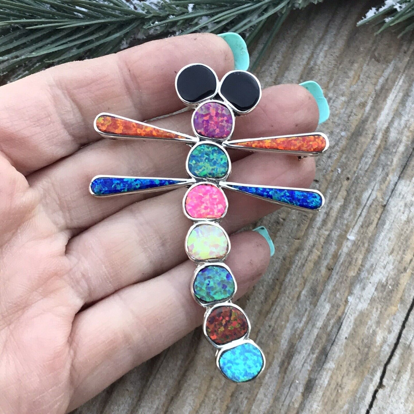 Handcrafted Sterling Silver & Multi Color Opal Stone Dragonfly Pendant Pin Signed