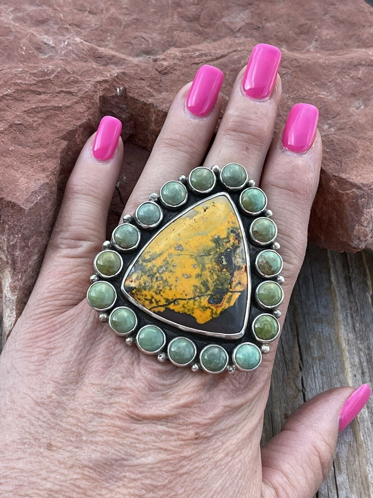 Handcrafted Turquoise & Bumble Bee Cluster Jumbo Ring Size 7