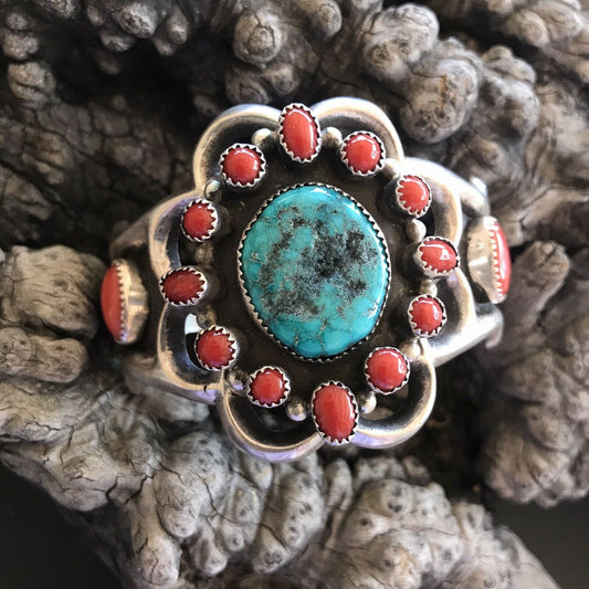 Navajo Sterling Statement Kingman Turquoise & Natural Red Coral Bracelet Cuff