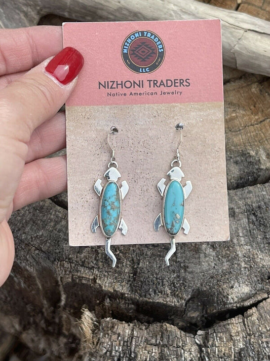Handcrafted Sterling Silver Turquoise Stone Gecko Dangle Earrings Signed