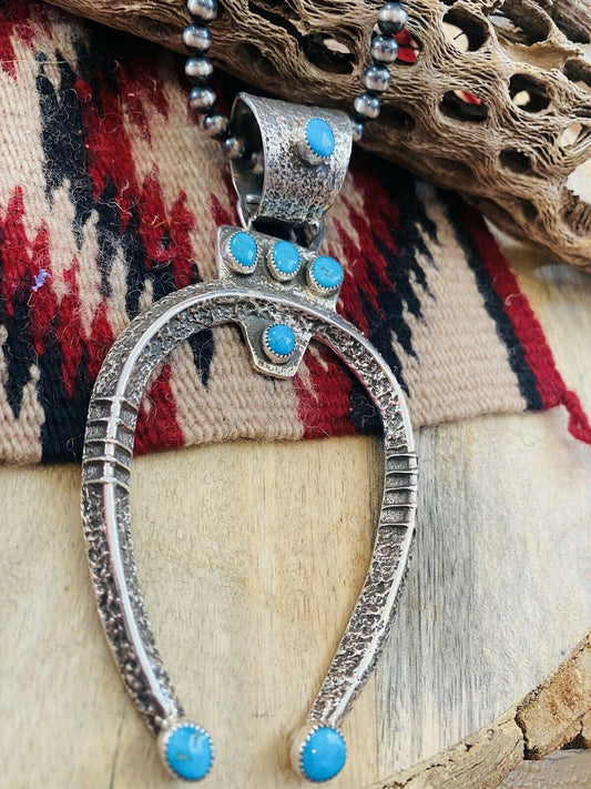 Handcrafted Sterling Silver & Kingman Turquoise Naja Pendant Signed