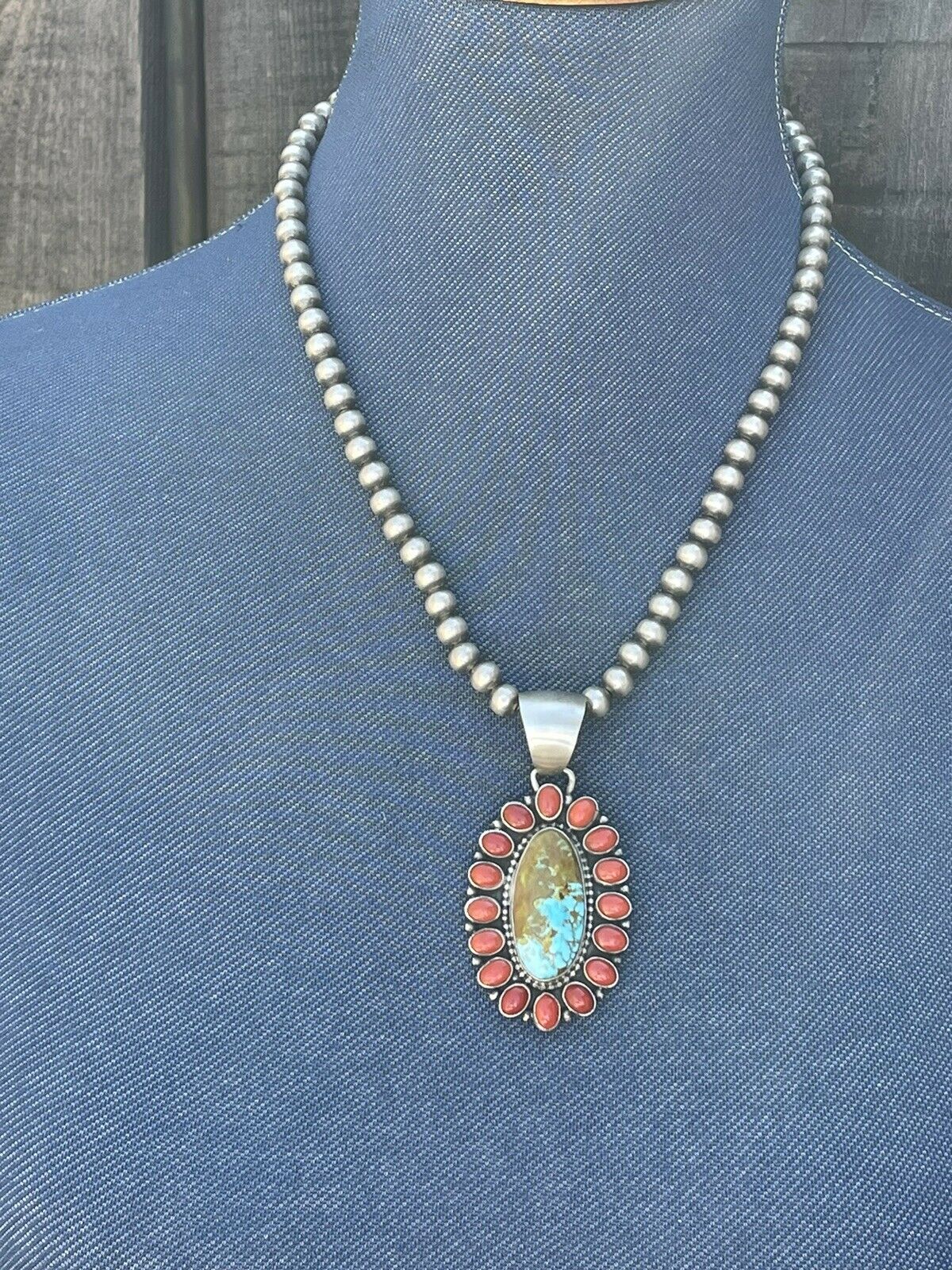 Handcrafted Sterling Silver Kingman Web Turquoise & Red Coral Taos Cluster Pendant