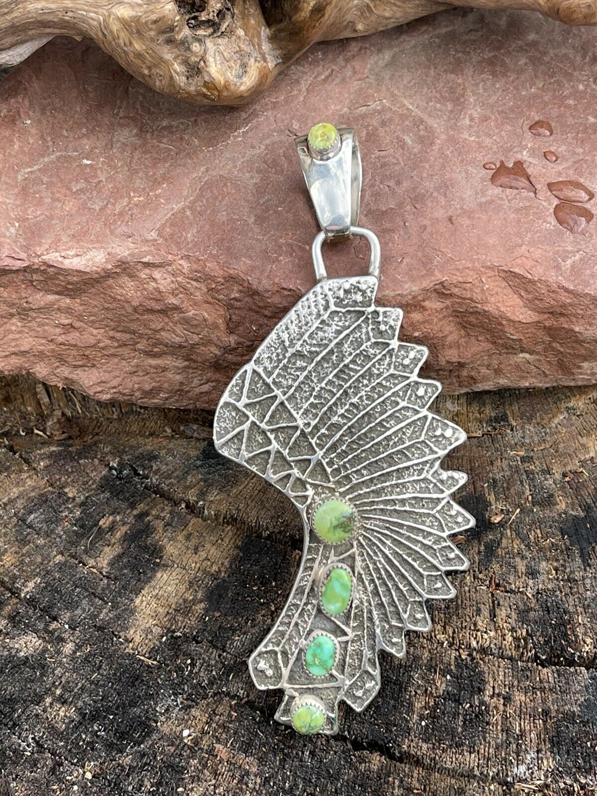 Handcrafted Sterling Silver Sonoran Gold Turquoise 4 Stone Indian Chief Pendant