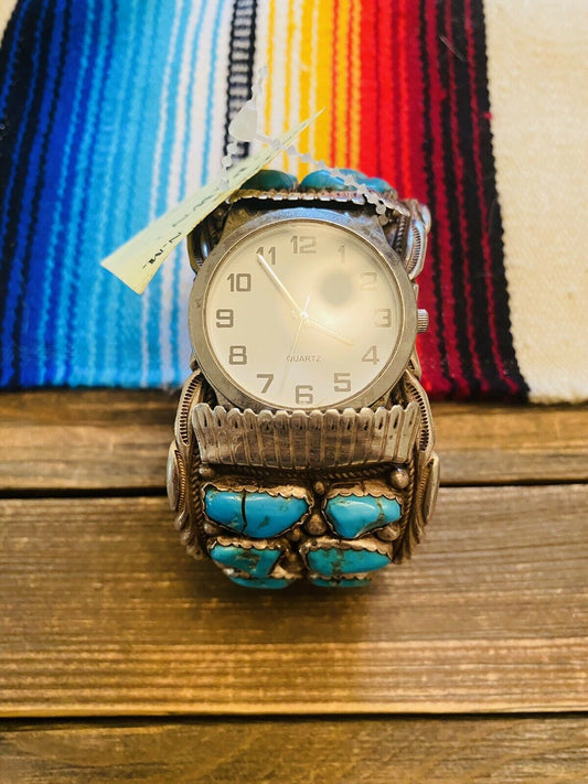 Handcrafted Vintage Turquoise & Sterling Silver Jumbo Watch Cuff Signed