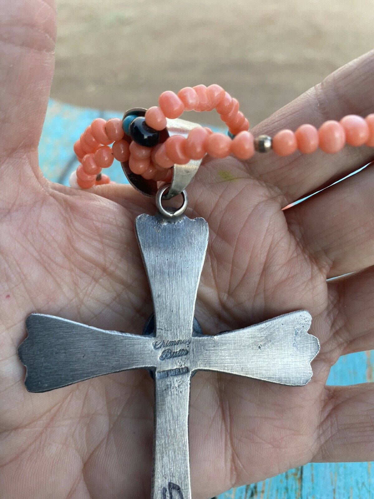 Handcrafted Sterling Silver & Orange Spiny Shell  Cross Pendant Chimney Butte