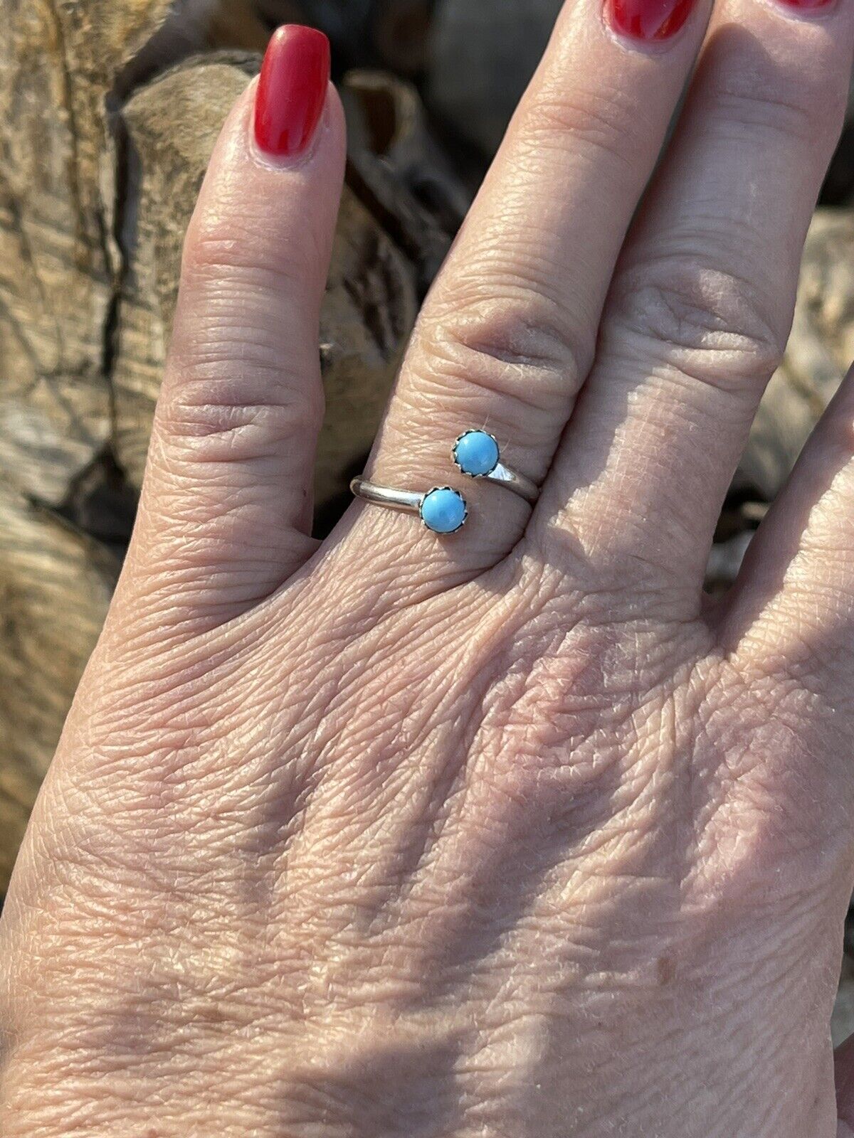 Navajo Turquoise Double Stone & Sterling Silver Adjustable Ring