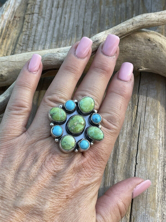 Handcrafted Sterling Sonoran Gold And Golden Hills Turquoise Cluster Ring Size 7