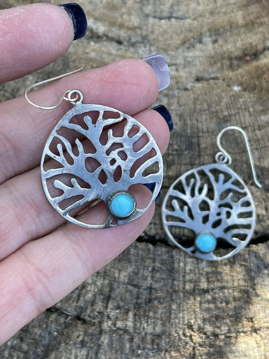 Handcrafted Sterling Silver Turquoise Tree Of Life Dangle Earrings