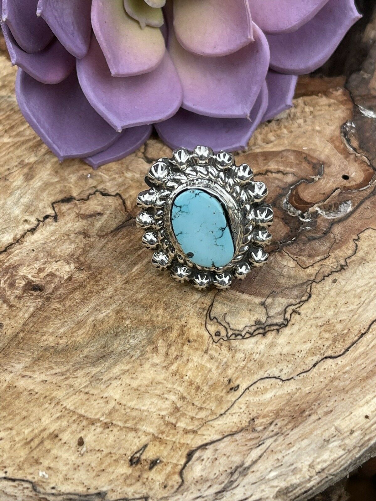 Handcrafted Sterling Carico Lake Turquoise Stone Sunburst Ring Size 8