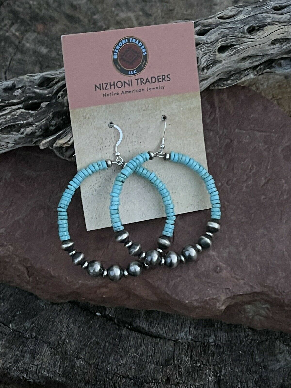 Navajo Sterling Silver Turquoise Stone French Hook Hoop Earrings