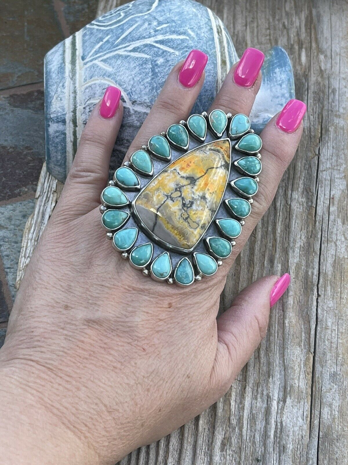 Handcrafted Sterling Bumblebee and Turquoise Stone Ring Sz 9.5