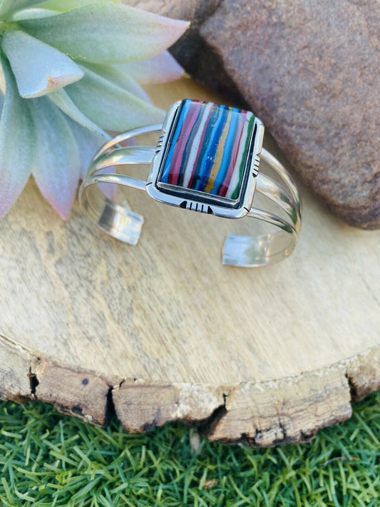 Handcrafted Sterling Silver & Rainbow Rectangle Cuff Bracelet