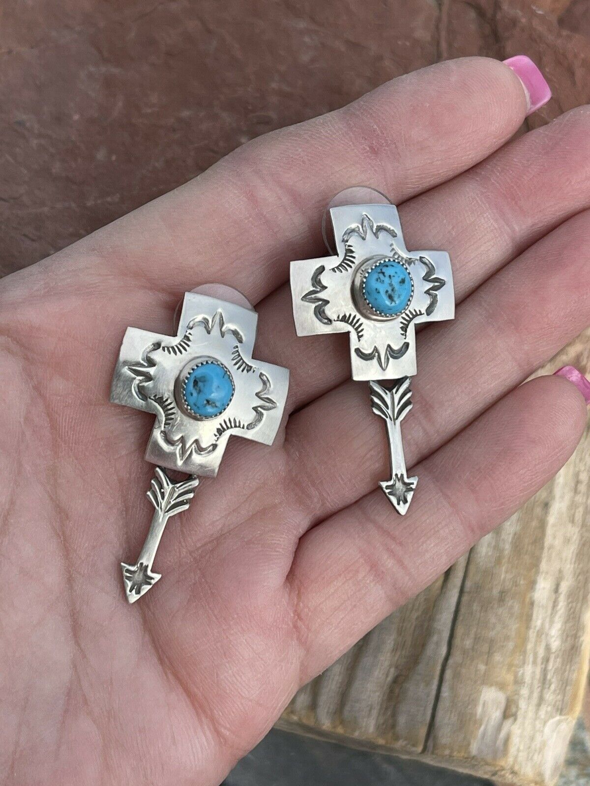 Navajo Sterling Silver Kingman Turquoise Cross Arrow Dangle Earrings