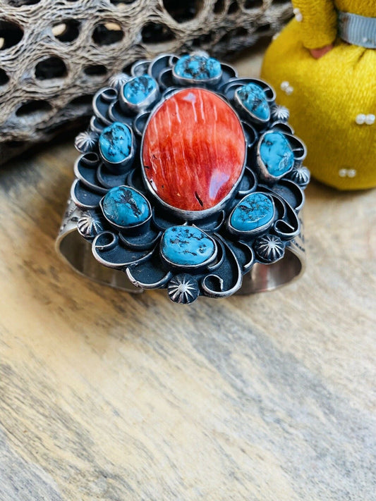 Handcrafted Turquoise, Orange Spiny & Sterling Silver Cuff Bracelet Signed /
