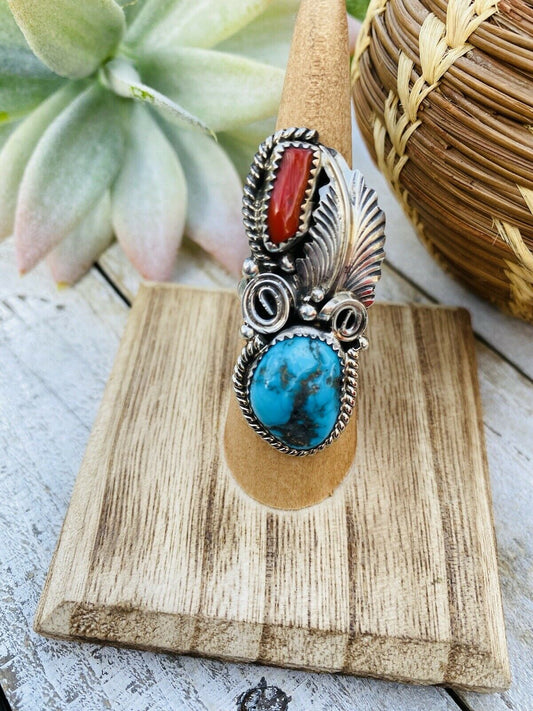 Handcrafted Turquoise, Coral & Sterling Silver Ring Size 5.5