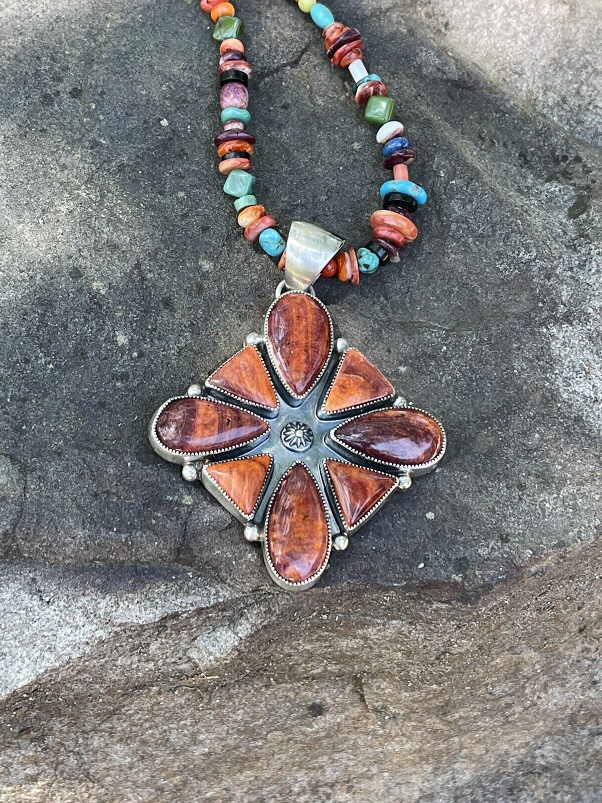 Handcrafted Sterling Silver Orange Spiny  Jumbo Cluster Pendant