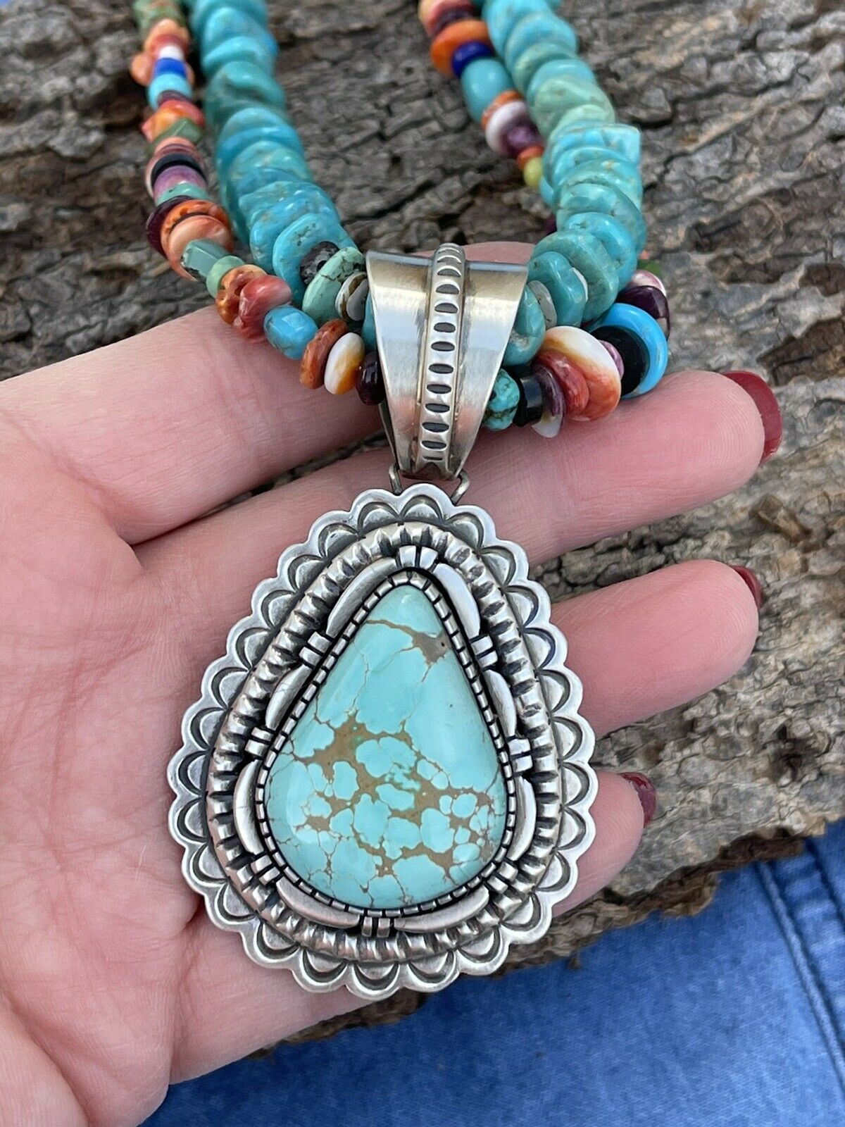 Handcrafted Number 8  Turquoise & Sterling Silver Jumbo Pendant Signed