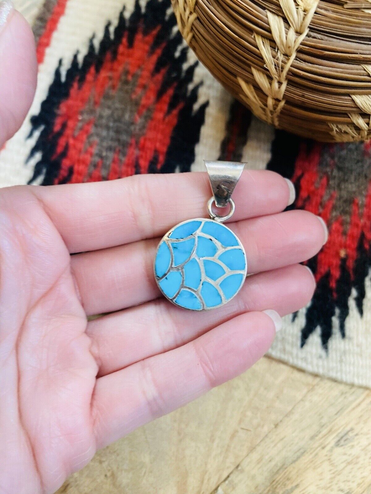 Handcrafted Turquoise & Sterling Silver Inlay Pendant Signed