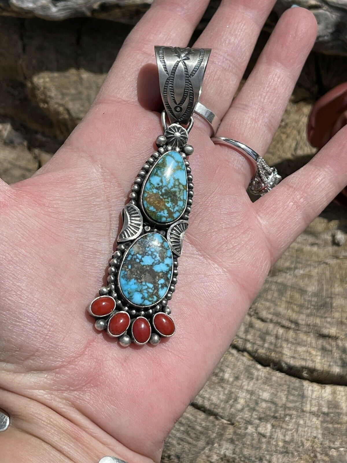 Handcrafted Sterling Kingman Web Turquoise & Red Coral Taos Pendant Danny Clark