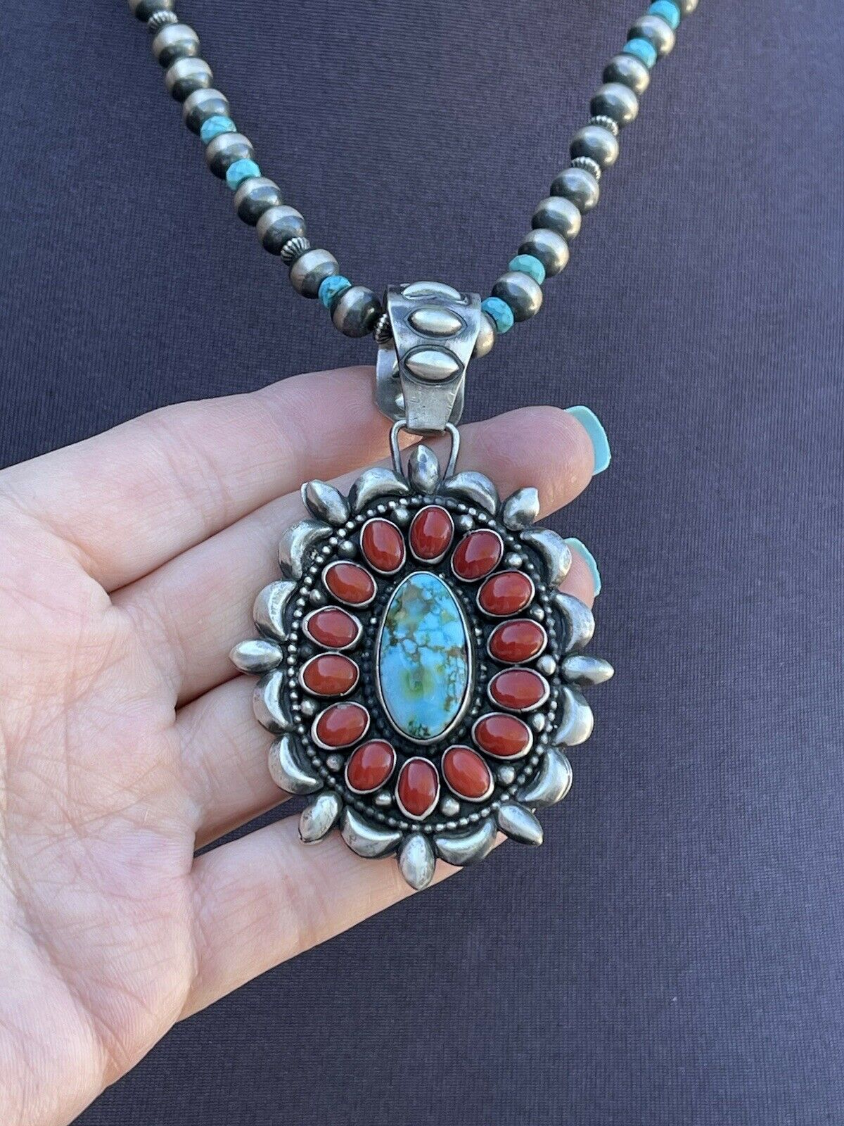 Handcrafted Sterling Kingman Web Turquoise & Red Coral Taos Ornate Pendant D. Clark