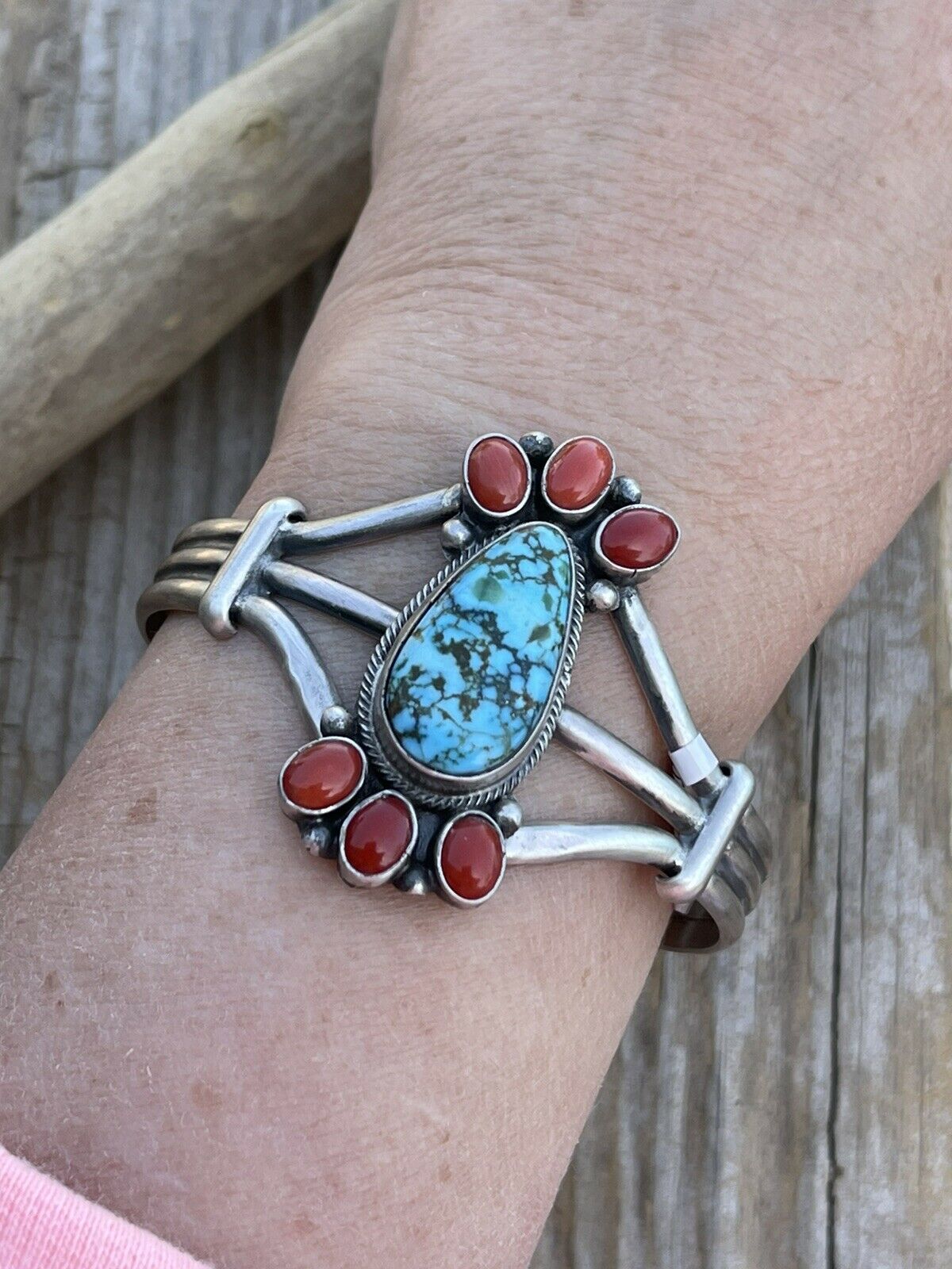 Navajo Sterling Kingman Web Turquoise & Red Coral Taos Bracelet Cuff Johnson