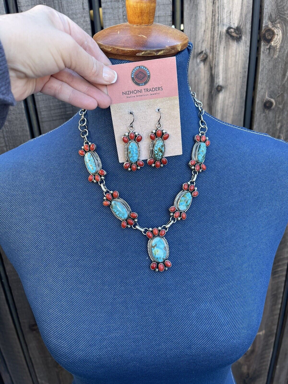 Handcrafted Sterling Kingman Turquoise Natural Red Coral Necklace Set Taos Collection